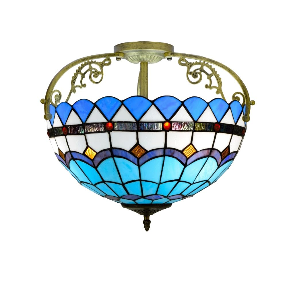 HJRegaFimu 16 Inches Semi Flush Mount Ceiling Light Large Stained Glass Uplighter Lamp Blue Feather Vintage Style Deco Chandelier For Living Dining Room Bedroom Corridor