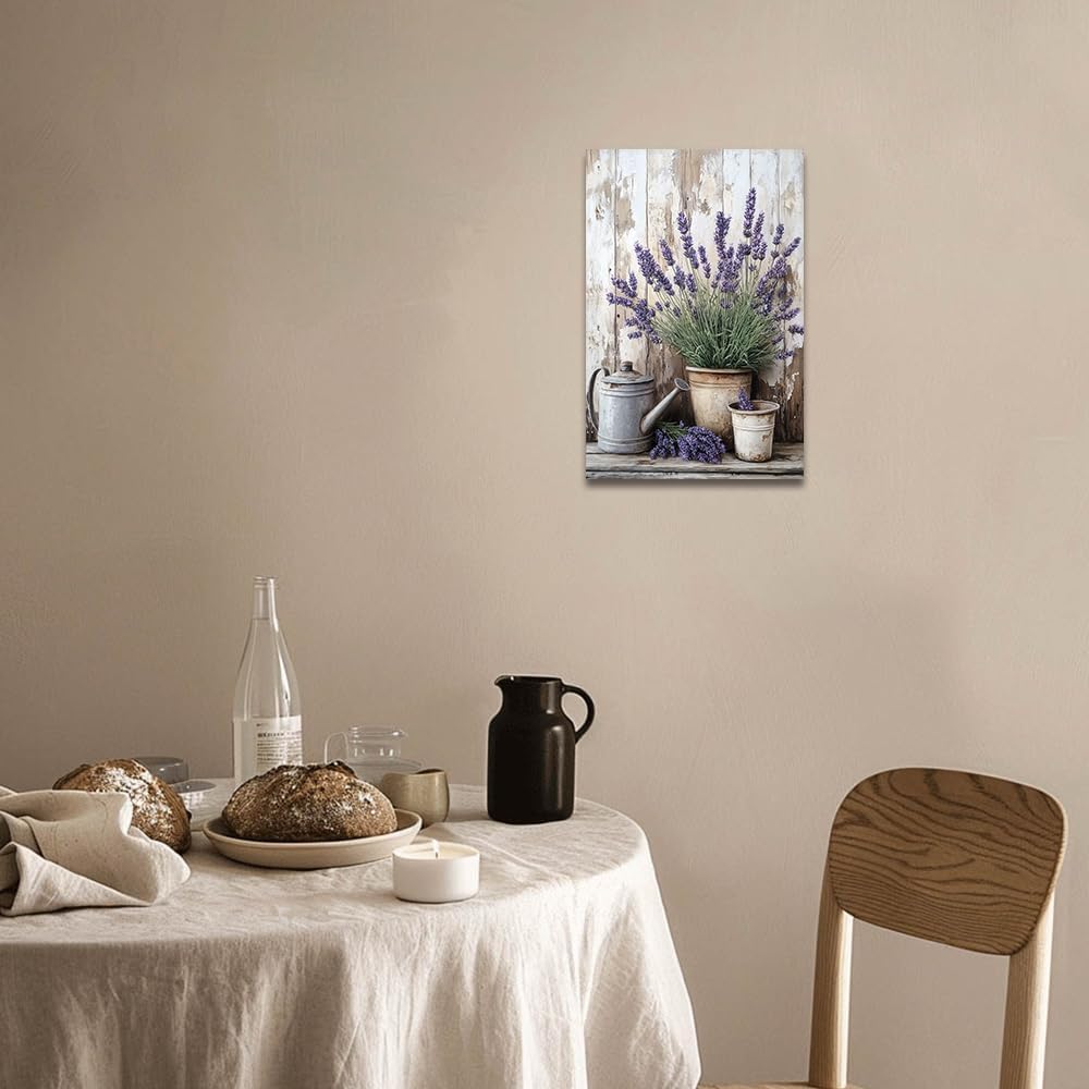 ZQQART Lavender Wall Art Purple Lavender in Flowerpots Canvas Painting Art Vintage Floral Picture Prints Rustic Style Decor Framed(Grey,16.00" x 24.00")