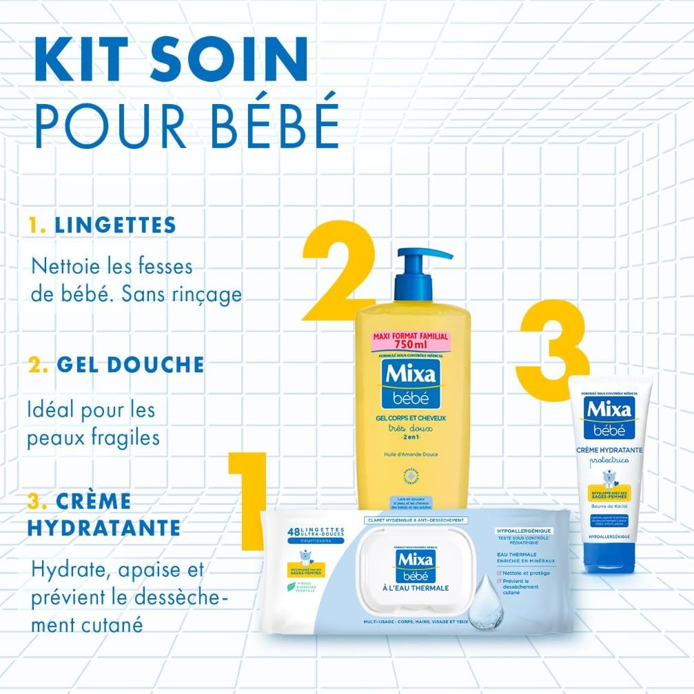 Mixa Lingettes Bébé à L'eau Thermale, Lot de 4 x 48 Lingettes : Hypoallergéniques, Nettoient en Douceur
