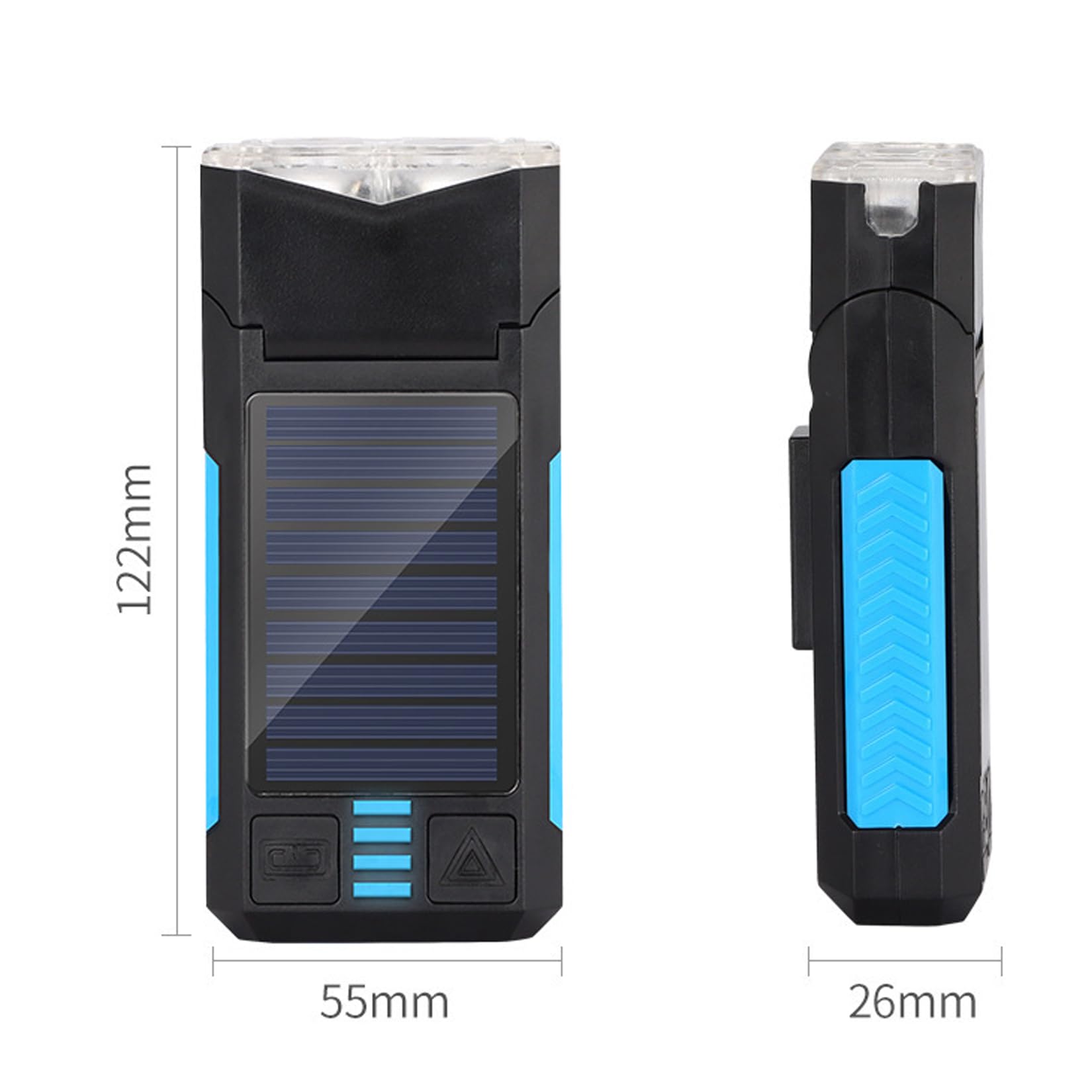 Phare de vélo + klaxon, Recharge bi-Mode USB/Solaire, Trois Modes d'éclairage, Affichage de la Puissance, Grande Batterie 4000 mAh, 12,2 * 5,5 * 2,6 cm