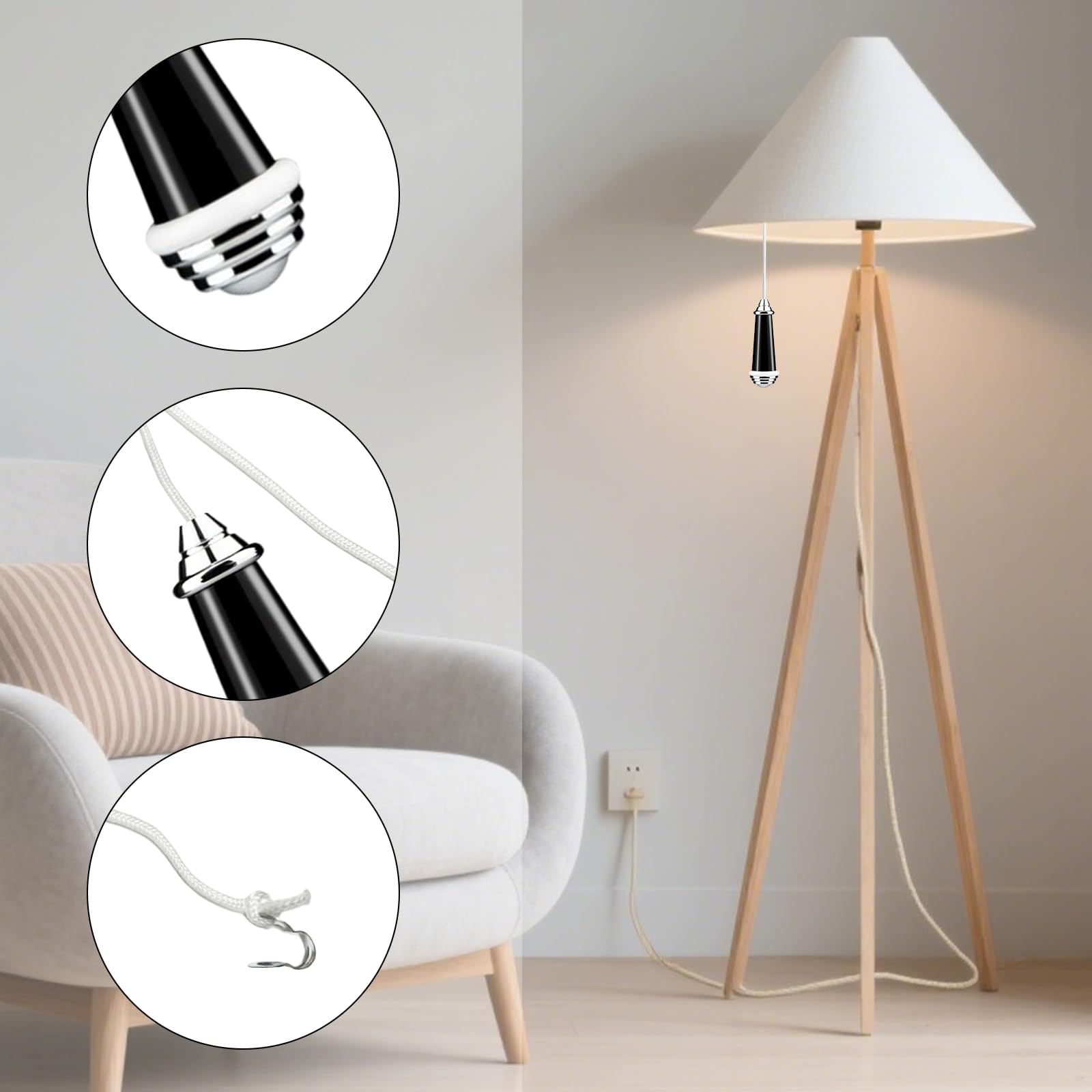 Qwrqwr Pull String Light Cord Switch for Bathroom Bedroom Classic Ceramic Chrome Handle with 150cm Nylon String Extension Durable Replacement for Ceiling Lights Fans and Toilet Switches (Black) - Image 3
