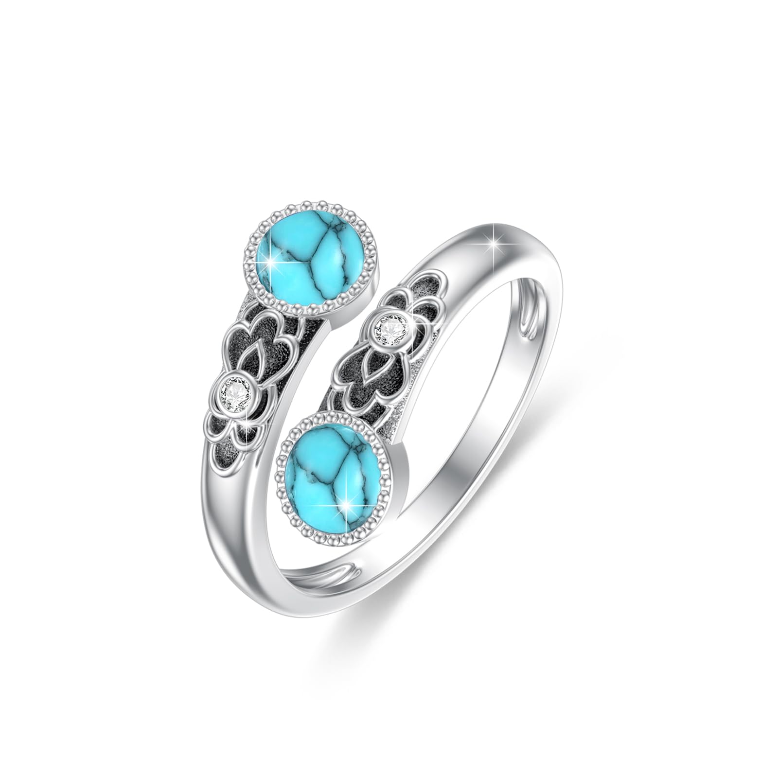 Anillos de turquesa de plata de ley 925, anillos de doble piedra, vintage, floral, ajustable, turquesa, regalo para mujer, Plata de ley, Turquesa