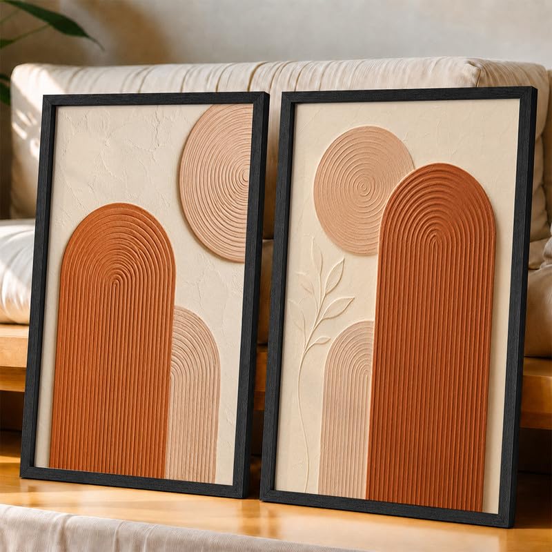Image of NoWorries Abstract Arch Wall Painting Set of 2 with Frame | Terracotta Beige Geometric Texture Artwork, Modern Minimal Boho Wall Decor for Living Room, Bedroom, Office and Home Decoration (Art-19, 25x37inch)