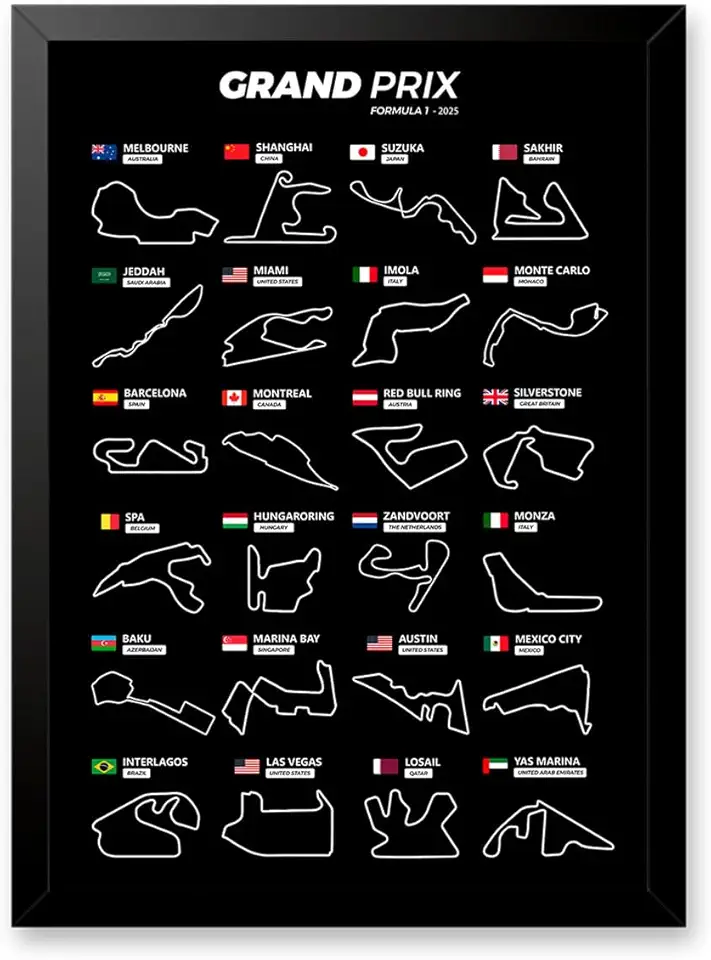 Quadro Todas Pistas Circuitos de Grande Premio Formula 1 / F1 Com Moldura