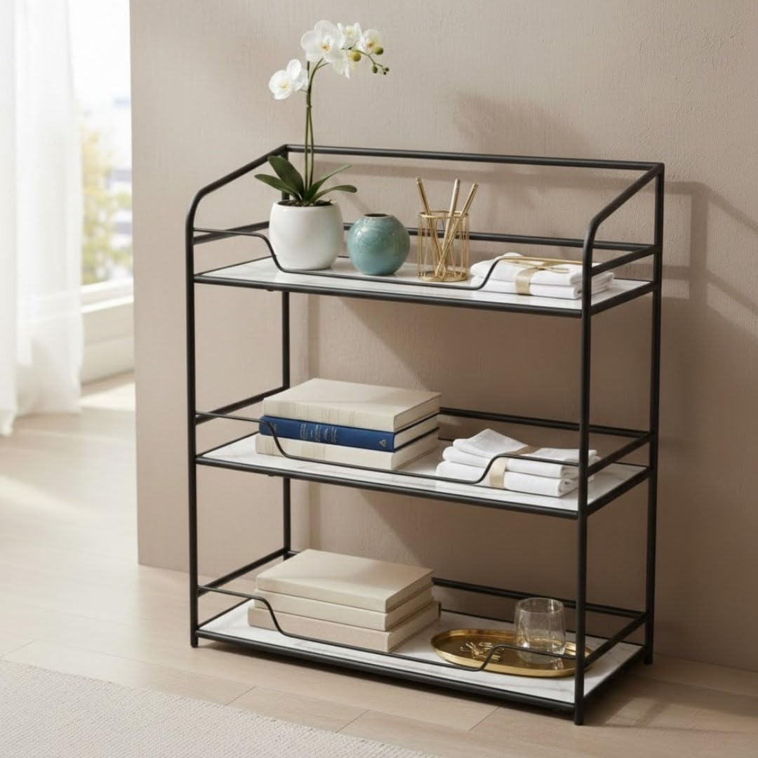 Modern Metal Console Table with Marble Finish Shelves – 3 Tier Entryway Table, Sofa Side Accent Table for Living Room, Hallway & Bedroom Storage Organizer Black White