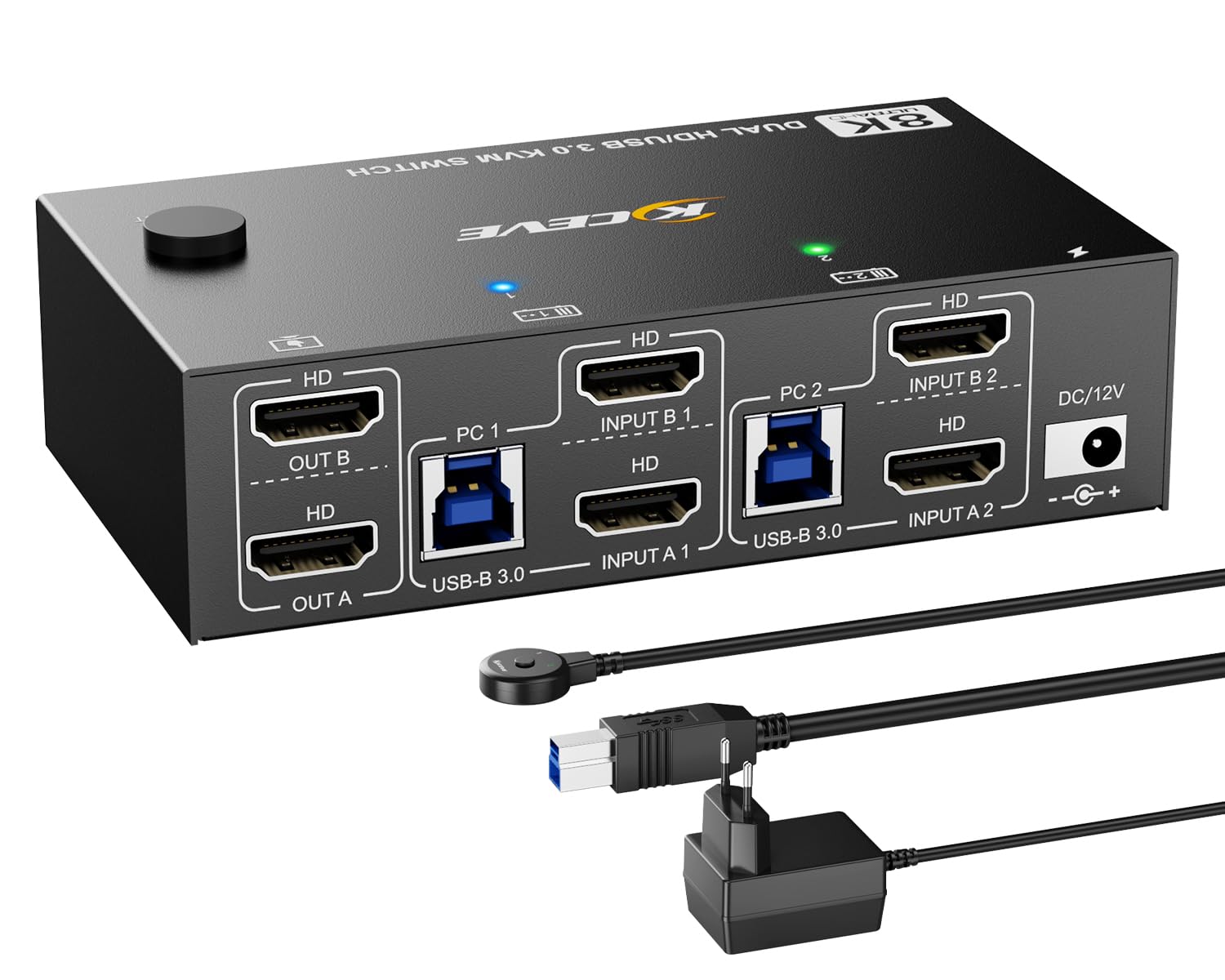 Commutateur KVM 2 PC 2 moniteurs 8K @ 60Hz 4K @ 144Hz, commutateur KVM double moniteur HDMI2.1 pour 2 PC Partager 2 moniteurs et 4 appareils USB 3.0 (3USB-A+USB-C), avec bloc d'alimentation 12 V CC +