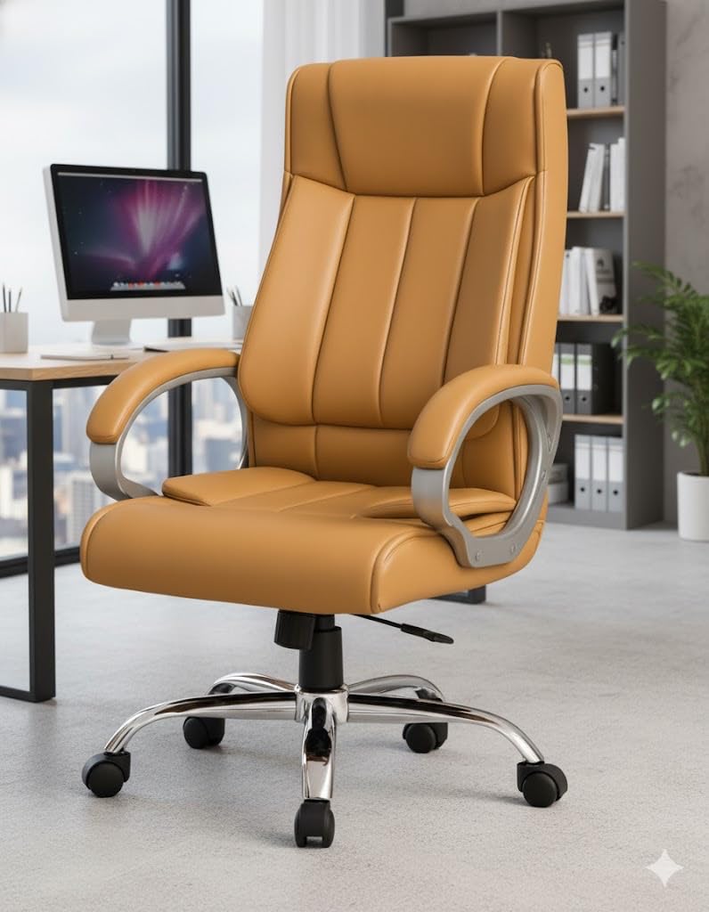 INNOWIN Profit High Back Orthopedic Boss Chair with 3 Year Limited Warranty | Leatherrite Office Chair | Ergonomic Executive Chair with Spacious Cushioned Seat | Heavy Duty Metal Base | Tan Orange-image-4