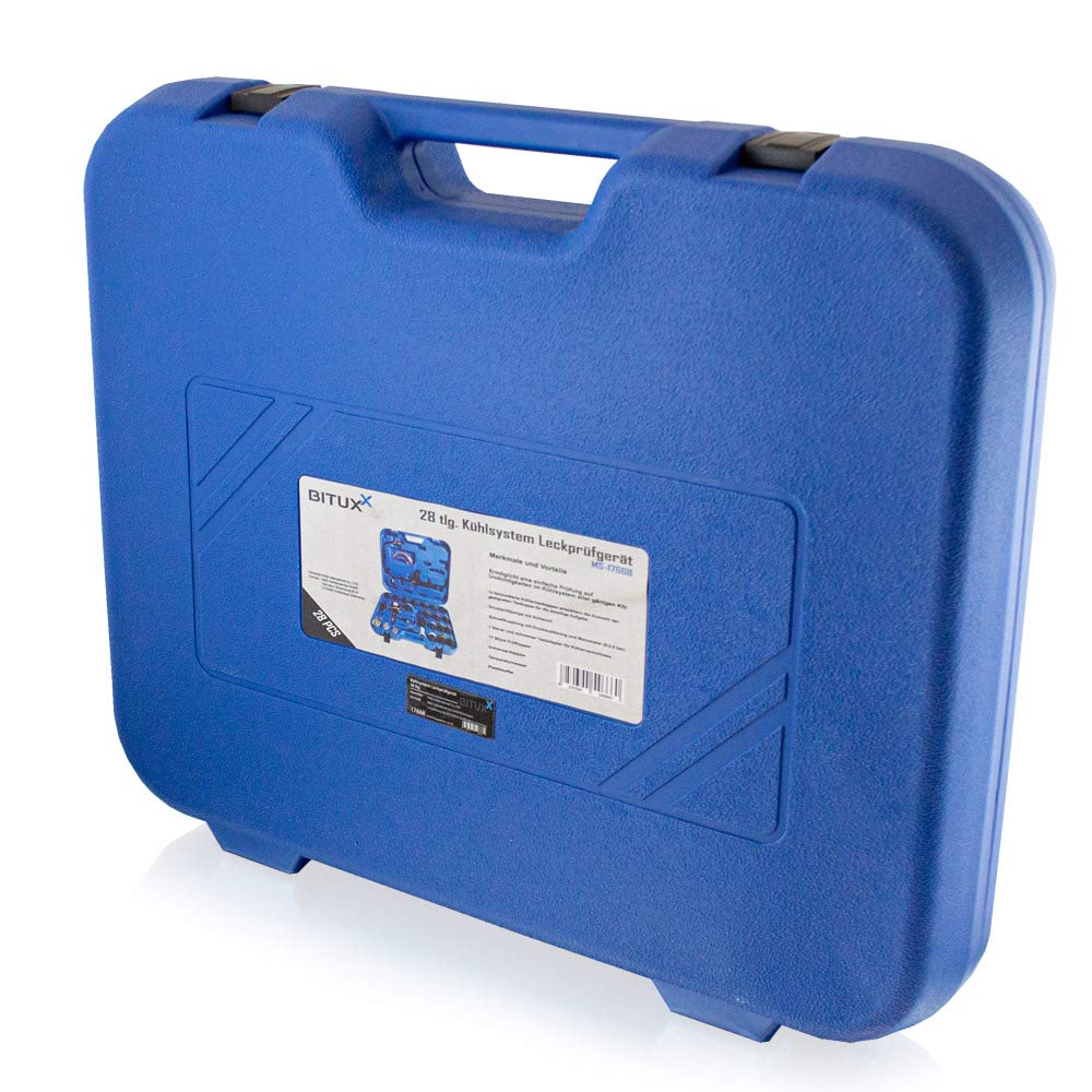 BITUXX KFZ Kühlsystem Abdrückgerät Druckprüfung Abdrücken Tester Kühler Werkzeug 28 teilig Messbereich 0-2,5 bar, Für alle gängigen PKW geeignet!