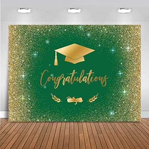 Mocsicka Congratulate Graduation Backdrop Class Of 2023 Golden Glitter Bokeh Spots Photography Background Vinyl Graduation Cap Design Gold Dots Decorations Photo Studio Booth Props (Green Gold, 7X5Ft) #TOP20