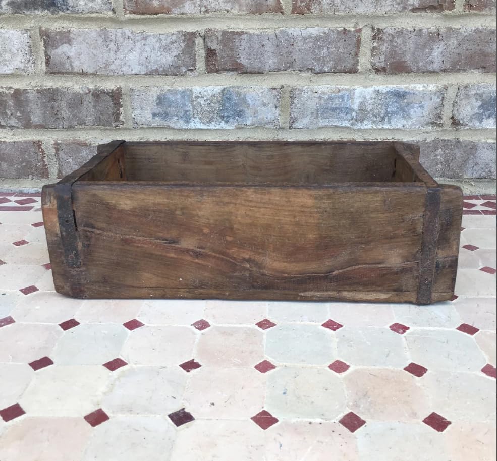 Rustic Wooden Brick Mold with Iron Handles – Vintage Farmhouse Decor Tray, Labor Day Centerpiece, Primitive Antique Wood Box for Tabletop, Mantel, Shelf Styling – 13x6x4