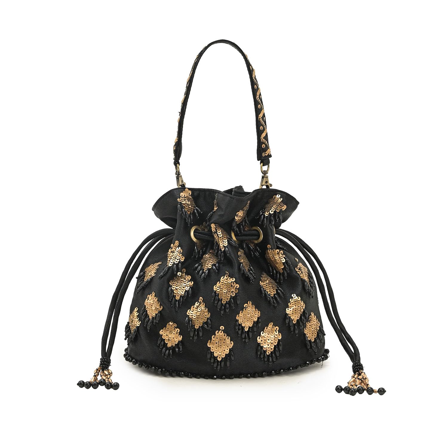 Gilded Noor Potli Bag Elegant Black Satin Women Bag with Golden Embellishments Drawstring Closure with Tassels Detachable Handle Festive Wedding Party Clutch Hand Embellished Ladies Handbag-image-18