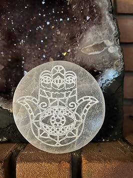 4" Etched Selenite Charging Plate, Etched with Hamsa Hand Design, Ethically Mined, Etched in Appleton USA