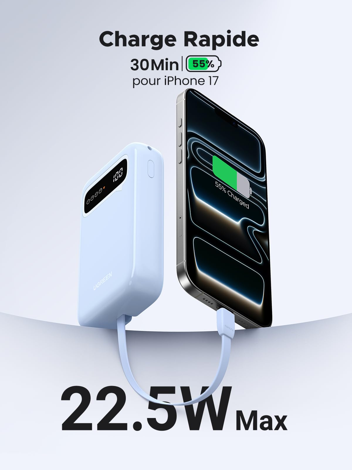 UGREEN Batterie Externe 20000mAh 22.5W Câble Intégré USB C Power Bank Portable Charge Rapide 2 Ports Emoji Affichage Compatible avec iPhone 17 16 15 14 13 Air Plus Pro Max Galaxy S25 S24 iPad (Bleu)