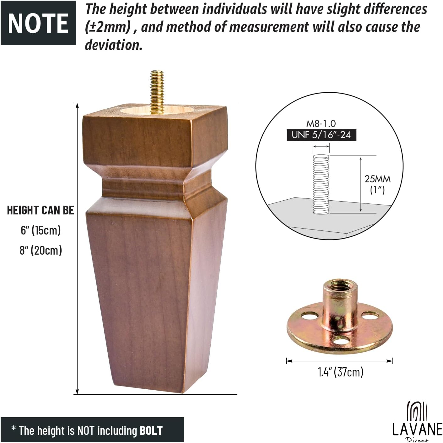 La Vane 8 inch Solid Wood Furniture Legs with Mounting Plates - Set of 4, Mid-Century Modern Pyramid Tapered Legs for Sofa, Chair, Ottoman, Table - Walnut Replacement Feet