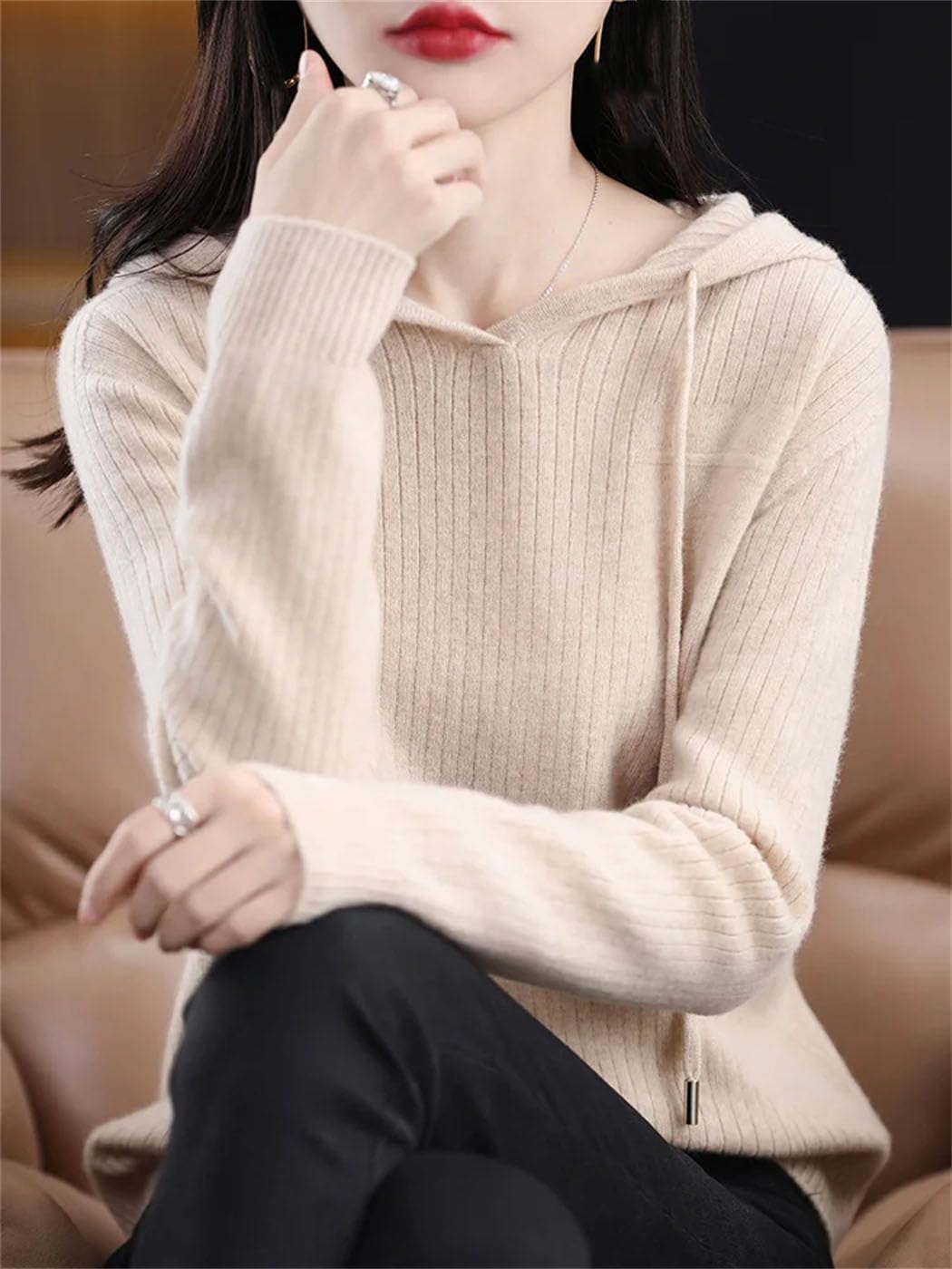 Women's Fall Winter Sweater Long Sleeve Hoodie 100% Merino Wool Pullover Slim Draw Stripe Texture Knit Tops