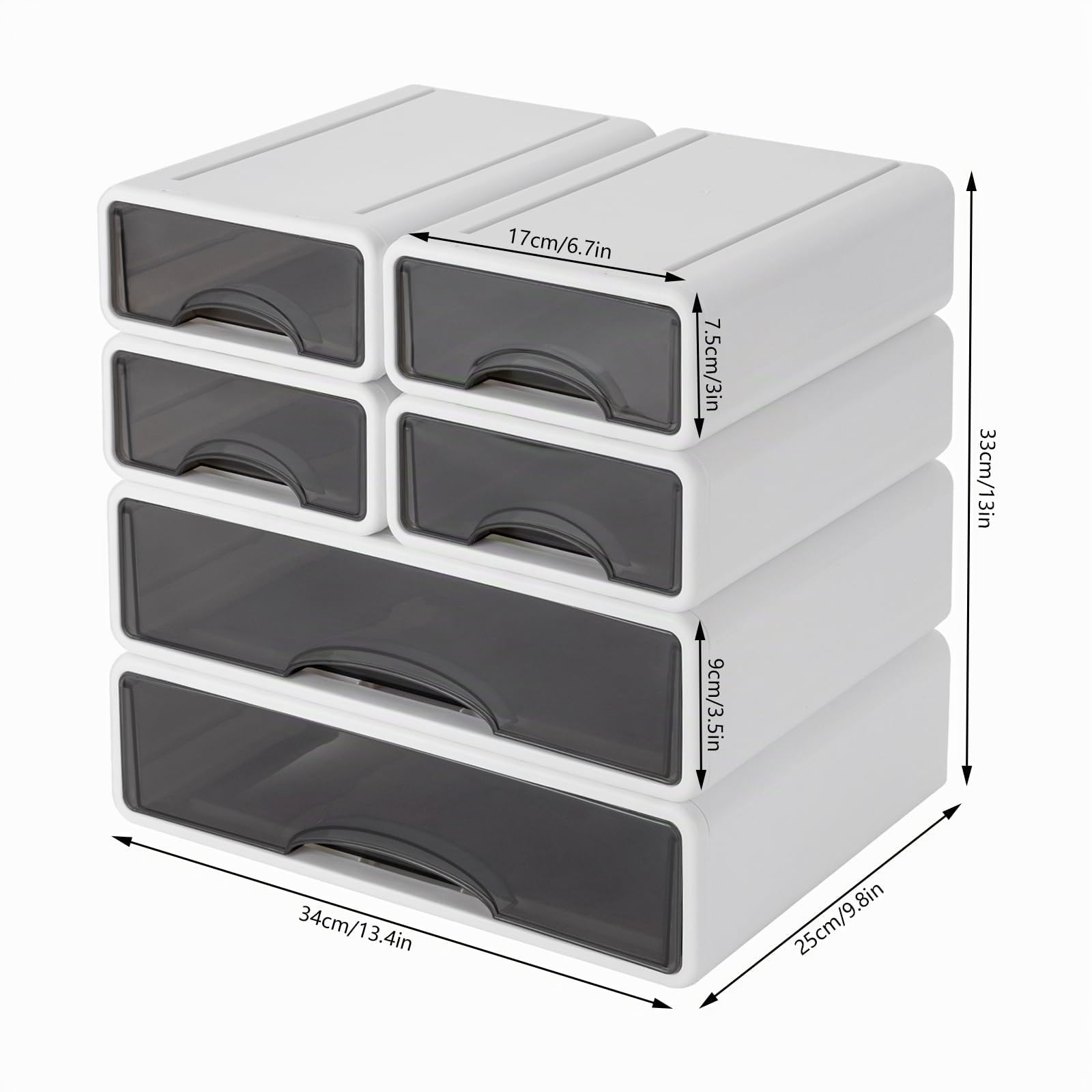 Organiseur de bureau, 6 compartiments, tiroirs fermés, empilable, en plastique, avec poignées, fournitures de bureau, pour la maison et le bureau, 34 x 25 x 33 cm, blanc