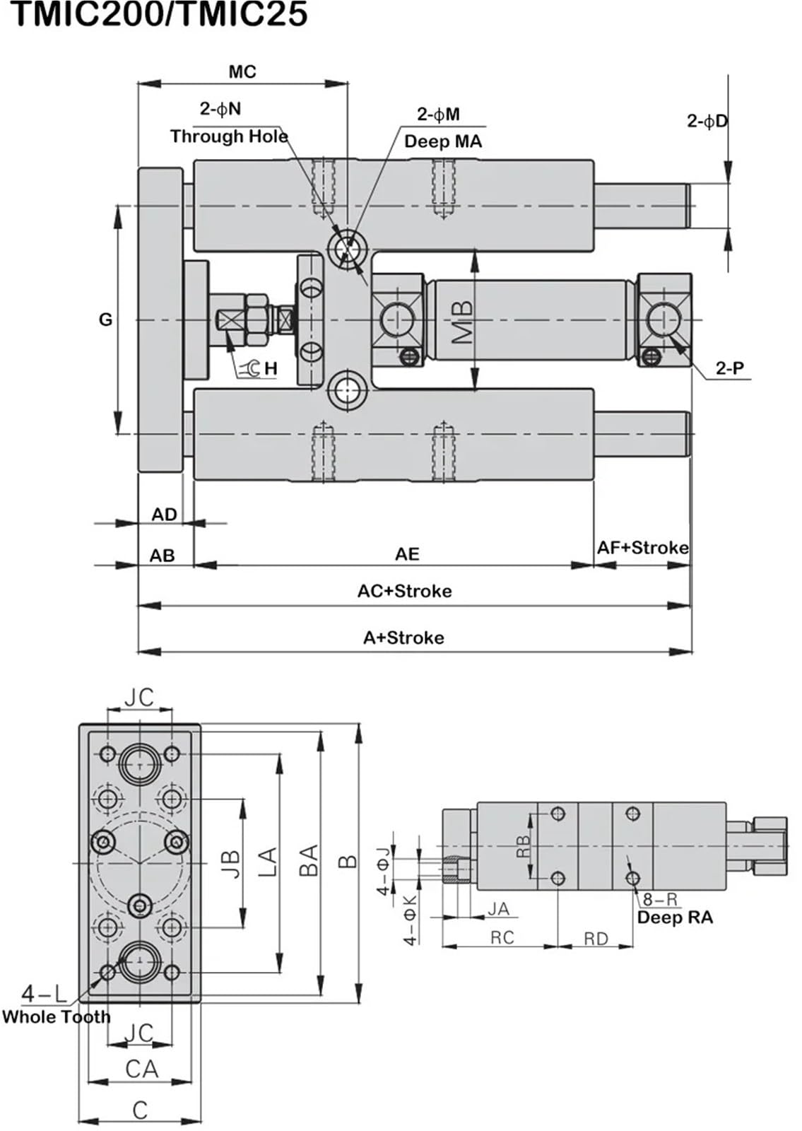 Cylinder pneumatyczny serii TMIC, trójosiowy i trzykołowy wspornik prowadzący TMICL z buforem powietrznym TMICM12/16/20/25X25X50X75S (TMICM16, Stroke 200 mm)