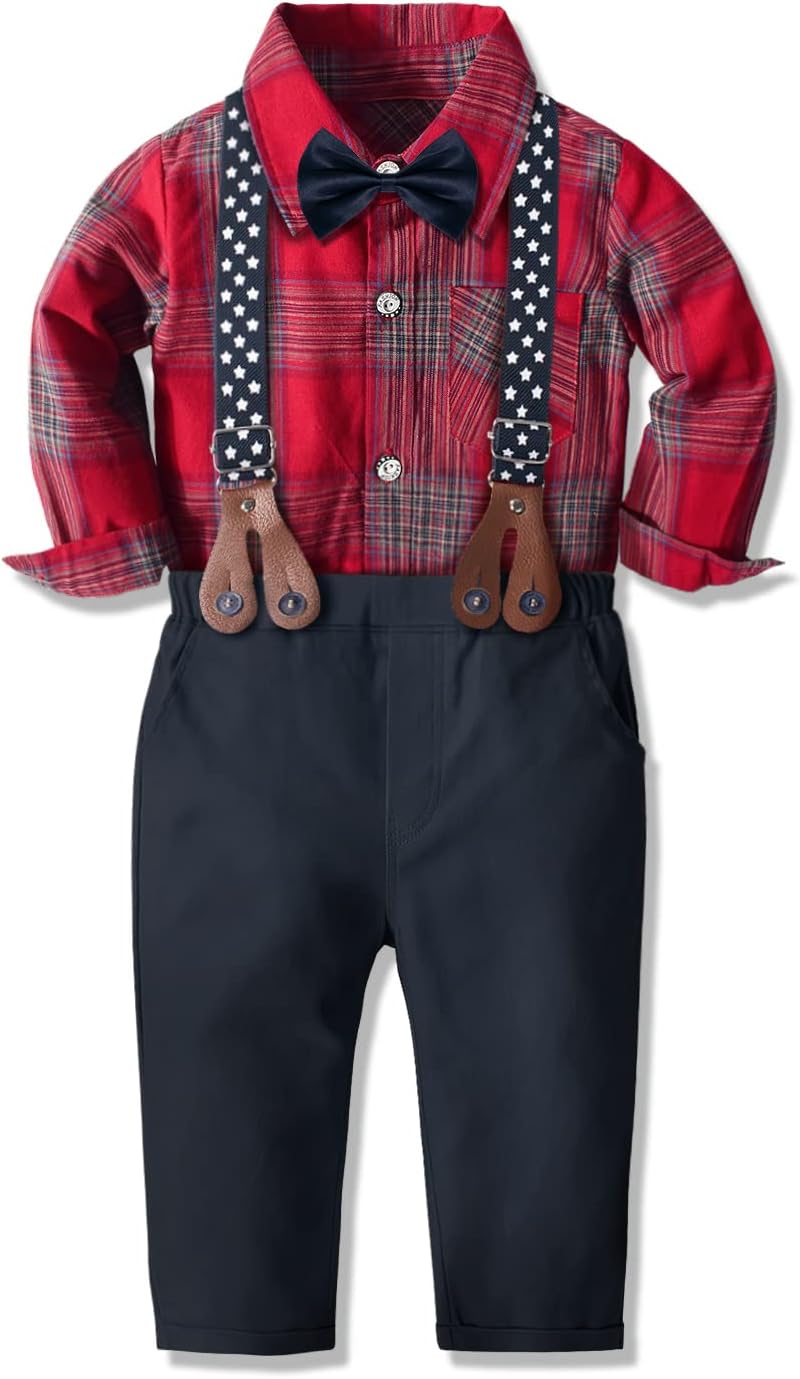 Yilaku Baby Boy Clothes Toddler Dress Outfits Infant Gentlman Suit 4 Piece Shirts + Bow Ties + Suspenders Pants Set - Image 2
