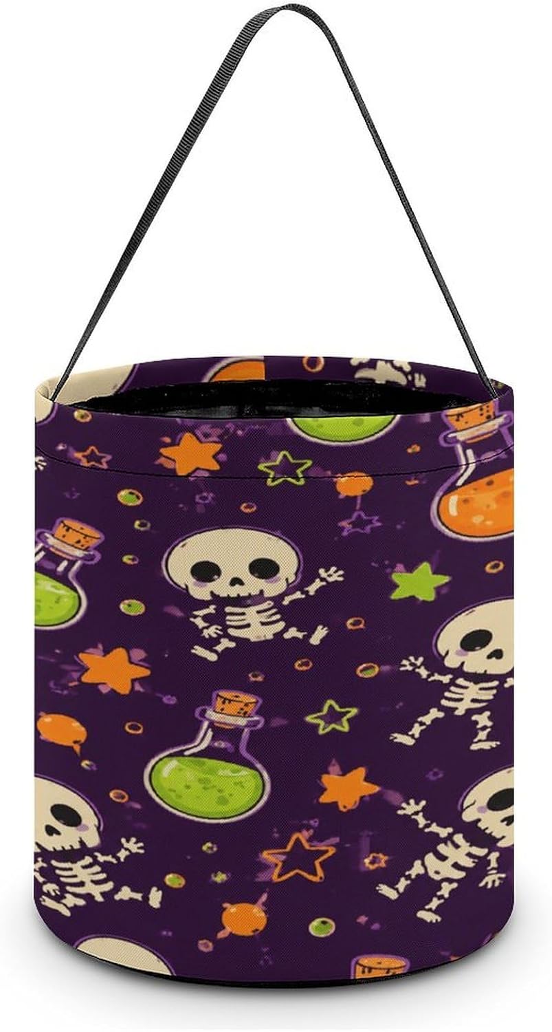 Skeleton Potion Halloween Trick Or Treat Bucket Candy Tote Hand‑held Pouch for Cosplay Theme Party Gift Storage