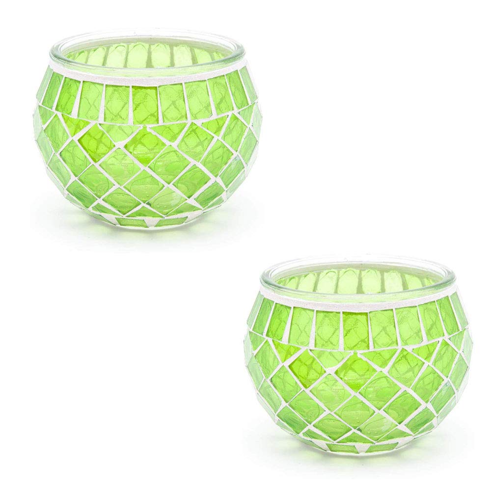 S4U Mosaic Glass Candle Holder Vintage Jar Tea Light Holders Romantic Tea Light Candle Holder Home Decoration with Upto 8 Hour Burn Tea Light Candles (Green Twin Pack)