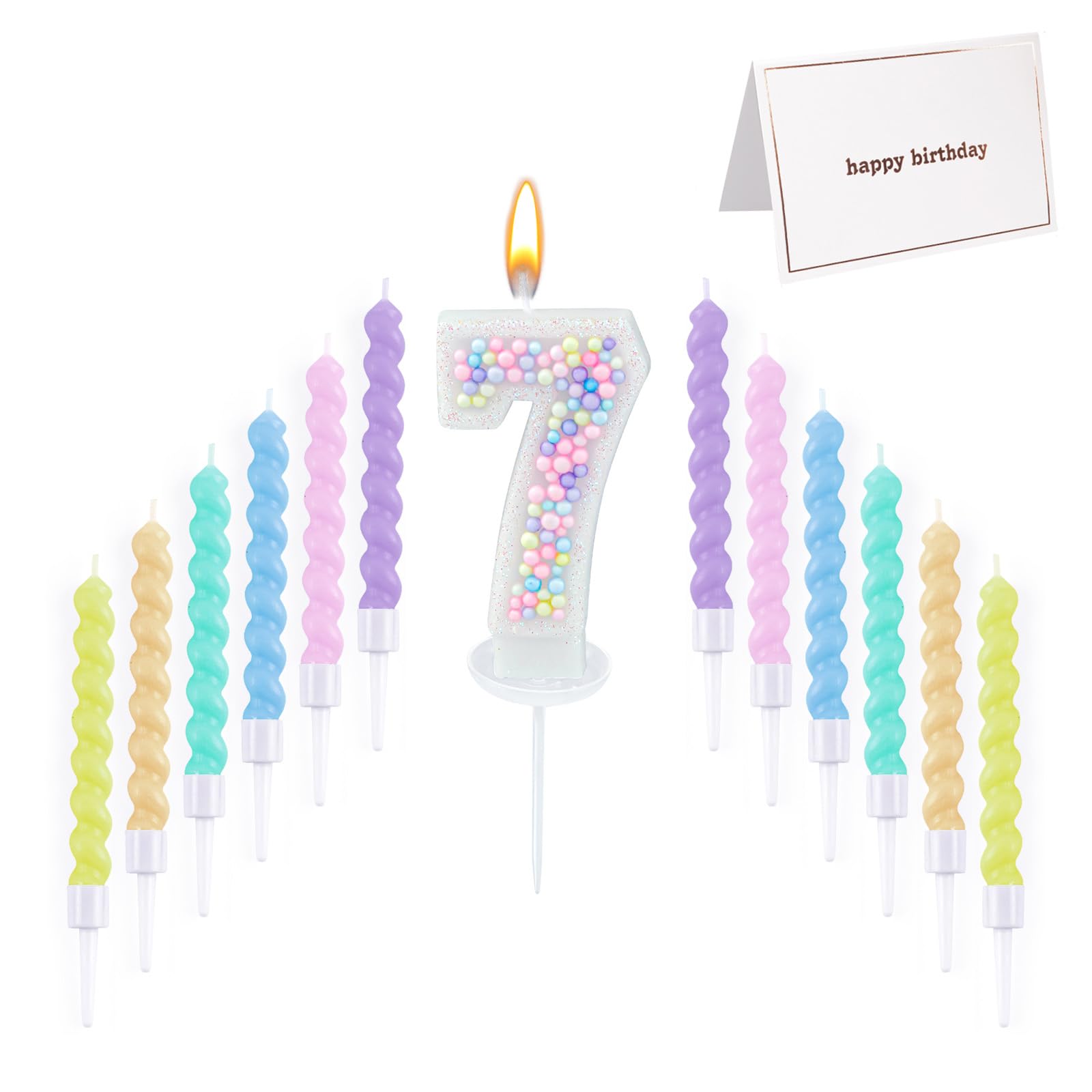 Zuiaso Number Birthday Candle with 12PCS Spiral Candles and A Birthday Card - Perfect for Celebrating Birthdays (Macaron Glitter, Number 7)