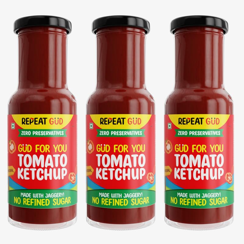 Image of REPEAT GUD Healthy Tomato Ketchup For Kids|No Refined Sugar,Made With Jaggery|100% Natural Ingredients|No Chemical|No Preservatives|No MSG|No GmO|No Cornstarch|100 % Vegetarian|225 Gm (Pack of 3)