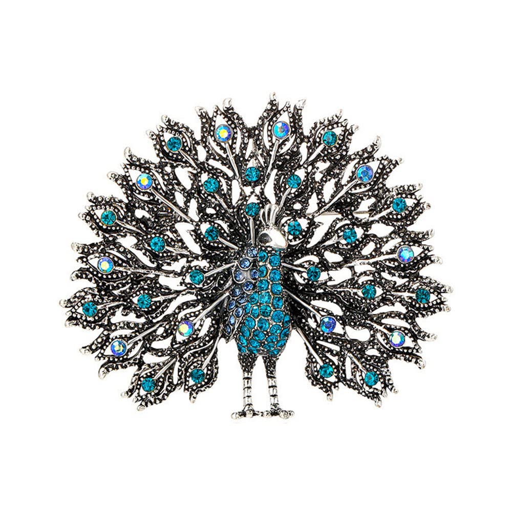 DtjaVintage Peacock Tails Brooch Pin for Women Girls Fashion Rhinestone Shiny Blue Crystal Big Bird Animal Brooches Lapel Pins Elegant Dress Accessories Wedding Christmas Birthday Jewelry Unisex Gift,