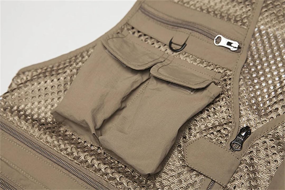 Chaleco táctico de pesca para hombre, con múltiples bolsillos, de malla, sin mangas