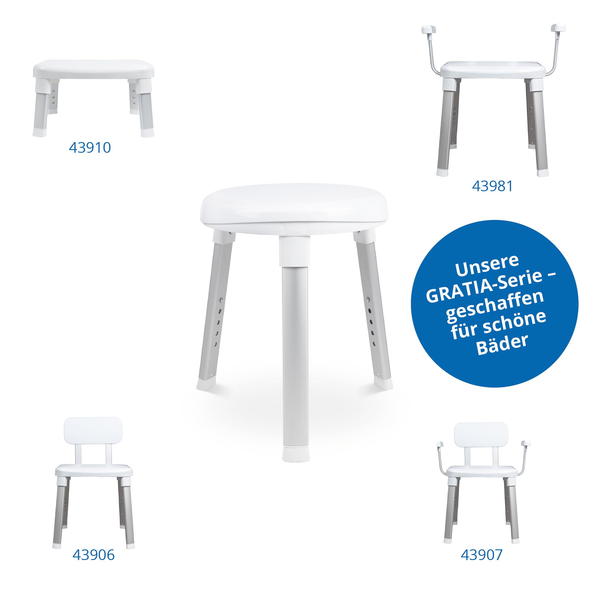 Weinberger 360° drehbarer Duschhocker höhenverstellbar 38-48 cm | Belastbar bis 150 kg | 2,8 kg leicht, rutschfest & modern | Runder Duschstuhl für Senioren für mehr Sicherheit im Bad in weiß