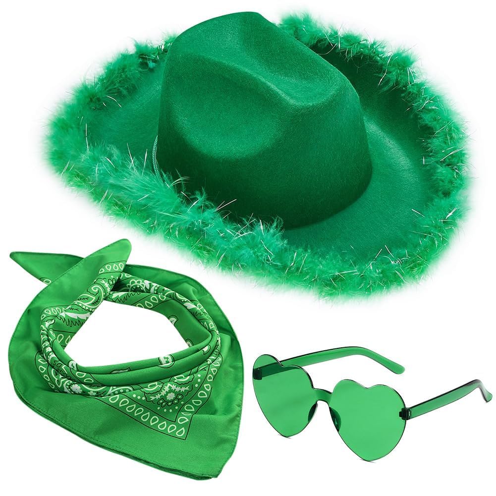 FCXVXCL Cowgirl Hat Cowboy Hats for Women Fluffy Feather Brim Cowboy Hat Heart-Shaped Sunglasses, Bandana Green for Holiday,Costume Party,Play Dress Up,Halloween Cosplay 3Pcs
