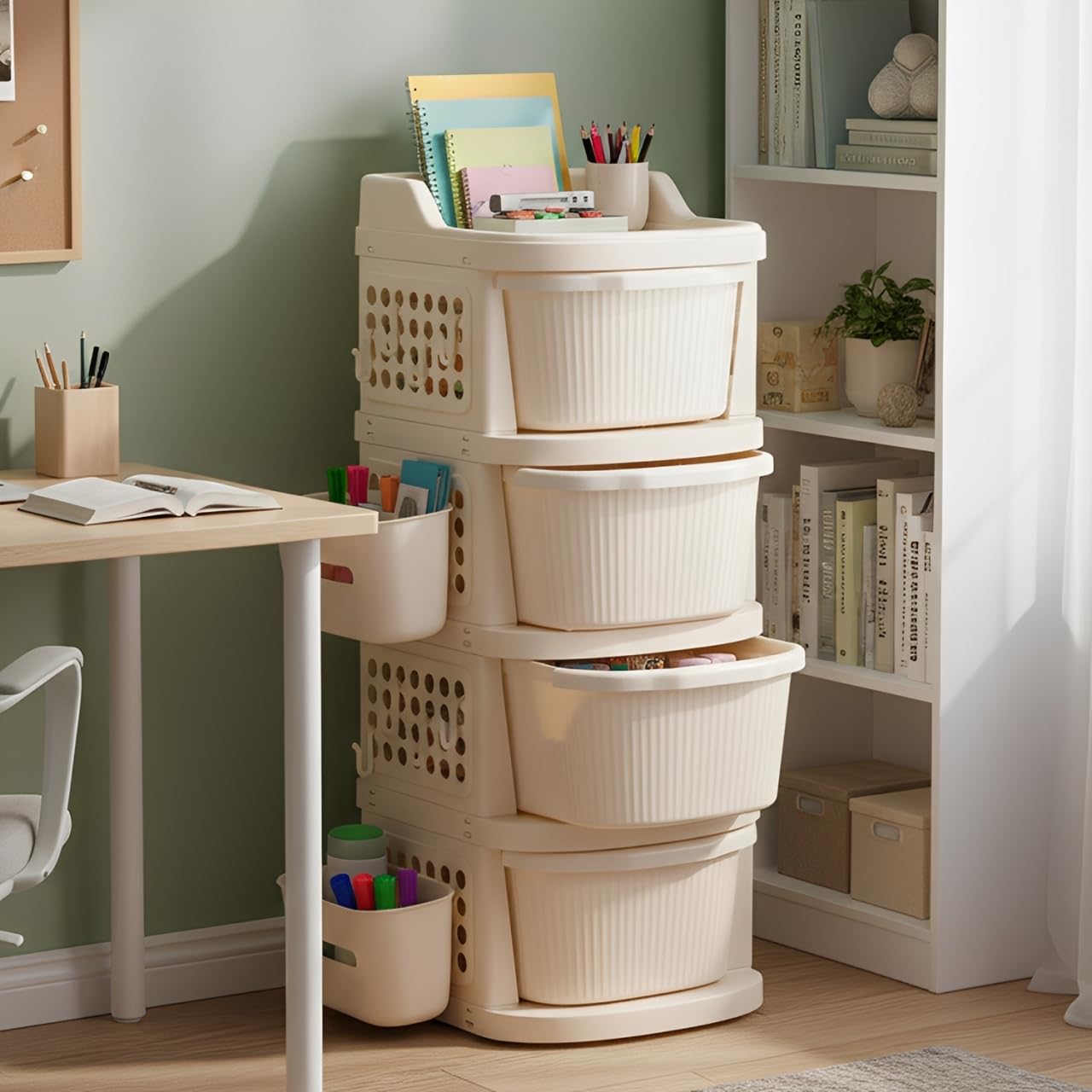 JD FRESH 4 Tier Plastic Storage Drawer Cabinet with Wheels/Modular Storage Drawer Organizer with Side Basket & Integrated Handle/Plastic Storage Trolley Rack for Home/Kitchen/Office/Books – (Ivory)-image-37