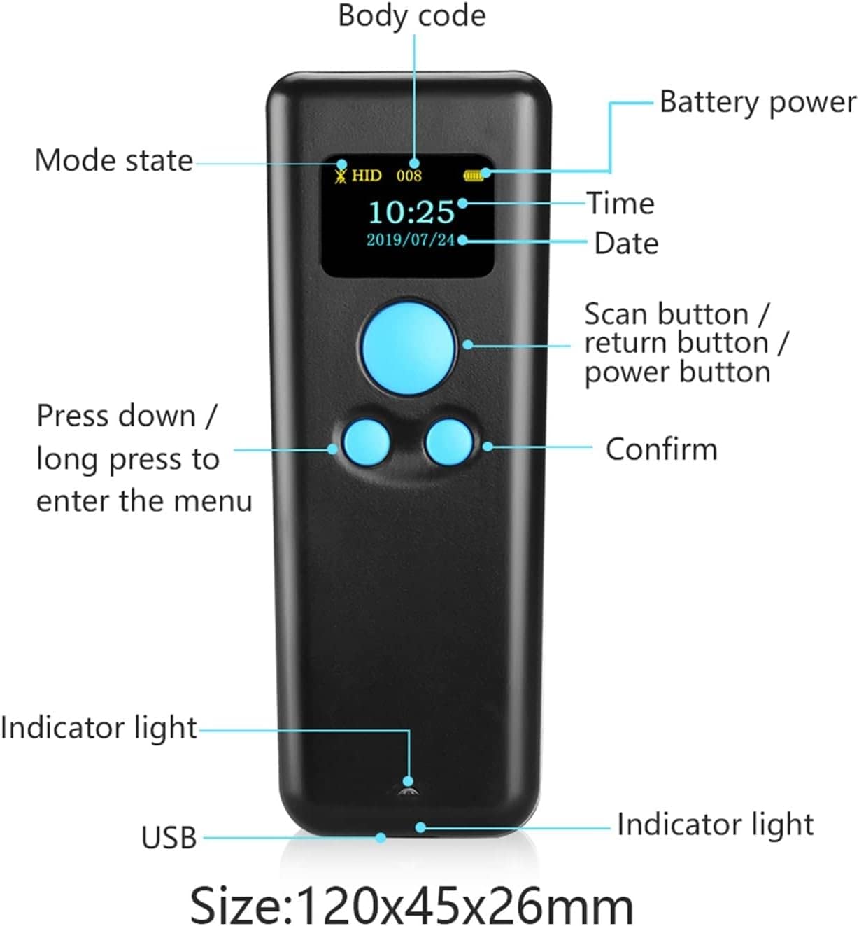 Skanery kodów kreskowych, kieszonkowy Mini skaner Bluetooth 2.4G magazyn logistyka detaliczna skaner kodów kreskowych bezprzewodowy czytnik z ekranem, może szybkie skanowanie (Color : 1 UK, Size : 2