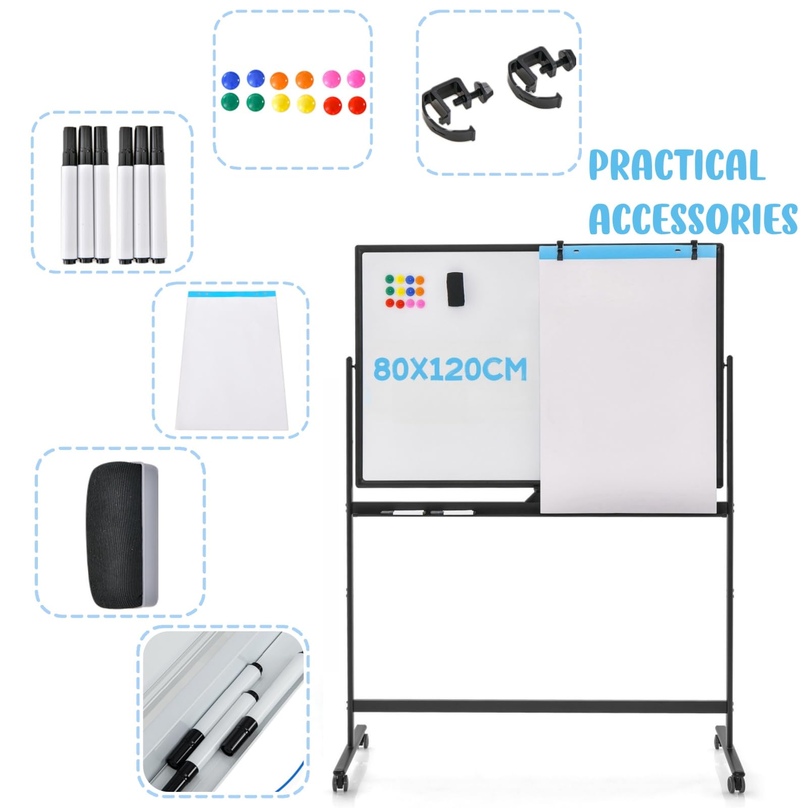 LIFEZEAL Lavagna Bianca Cancellabile con Ruote, Lavagna Magnetica per Ufficio, Doppia Faccia e Girevole a 360°, Lavagnetta Interattiva Regolabile in Altezza per Scuola (80x120cm, nero)