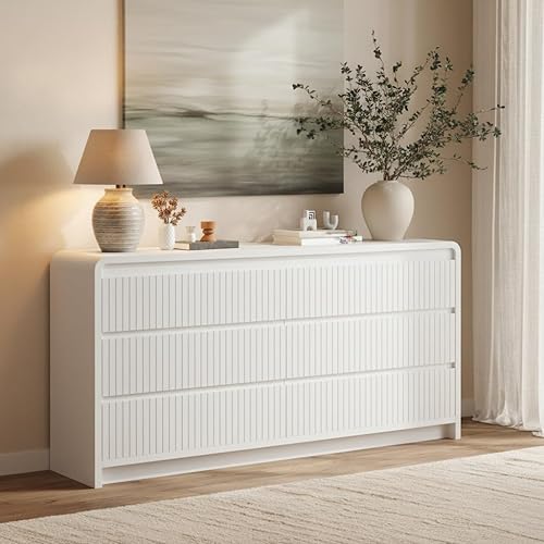 53" Buffet Cabinet with Drawers, Curved Sideboard Buffet with Storage, TV Stand with Mount & Power Outlet, Modern Console Cabinet for 26''-75'' TVs for Dining Room, Living Room, White