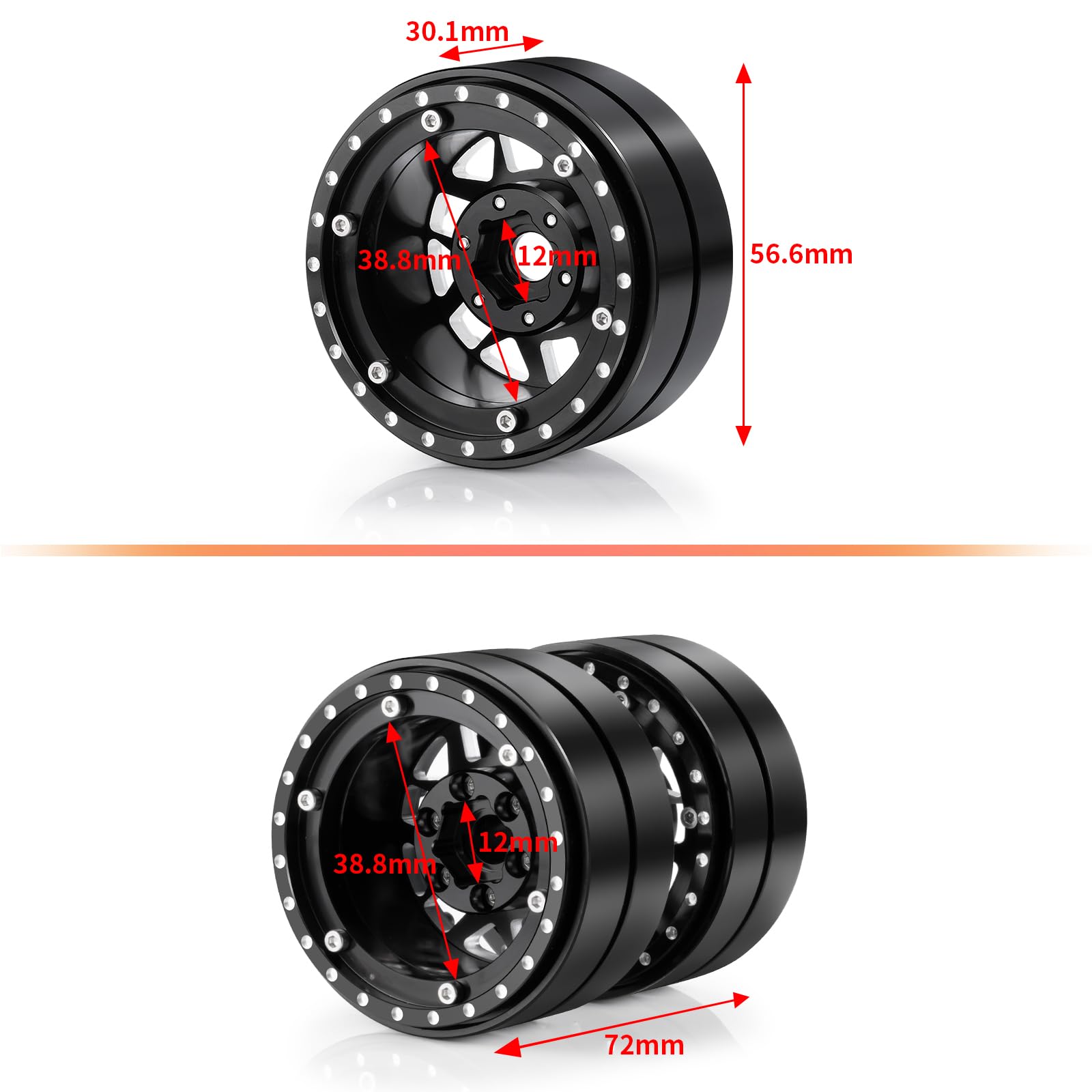 Runup 2 szt. / 4 szt. 1,9" Beadlock felgi aluminiowe, podwójne koła 57 x 30 mm do 1/10 SCX10 TRX-4 TRX6 RC Crawler Auto Upgrade akcesoria czarne (4 szt.)