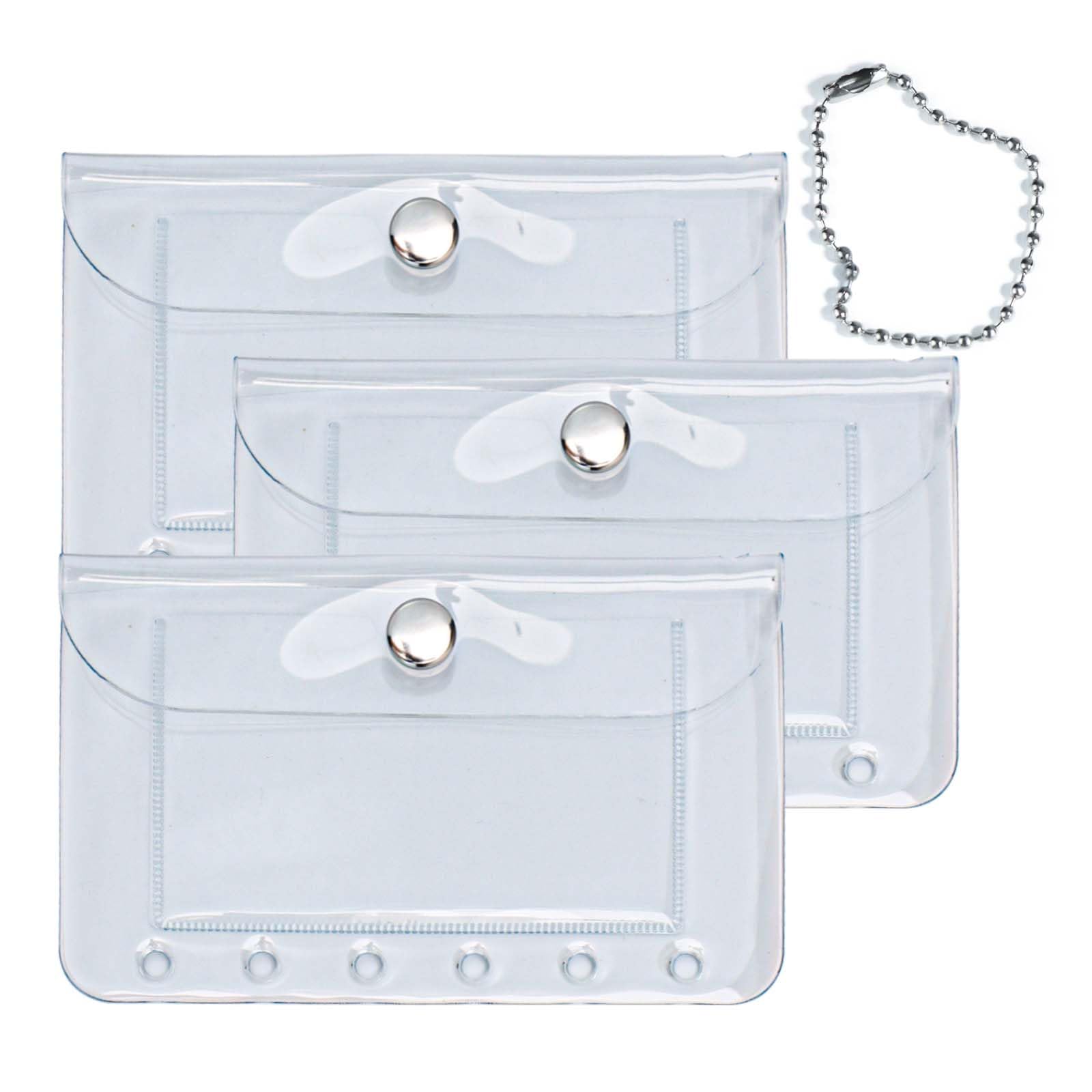 A7 Binder Pockets 3PCS Clear Coin Purse 6 Holes Binder Pouches Snap Closure Clear Wallet Card Holder Keychain Pouch Organizer-image-7