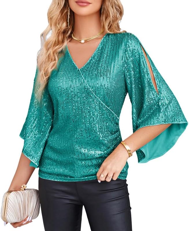 GRACE KARIN Womens Sparkly Sequin Tops,3/4 Sleeve Glitter Party Dressy Blouse,V-Neck Disco Evening Club Concert Shirt