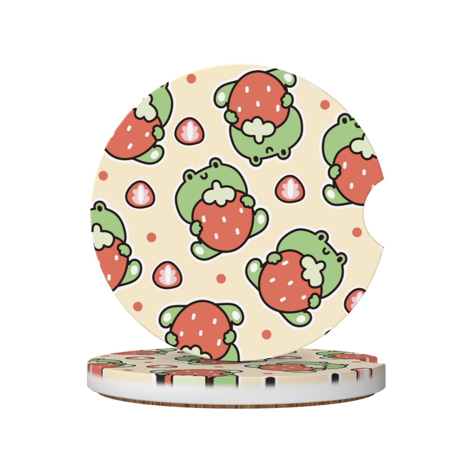 Xiso Ver Frog Hold Strawberry Car Cup Coasters 2 Pack Ceramic Cup Holders 2.56" Cork Base Drink Coasters with Finger Notch for Easy Move of Car Cup Holder