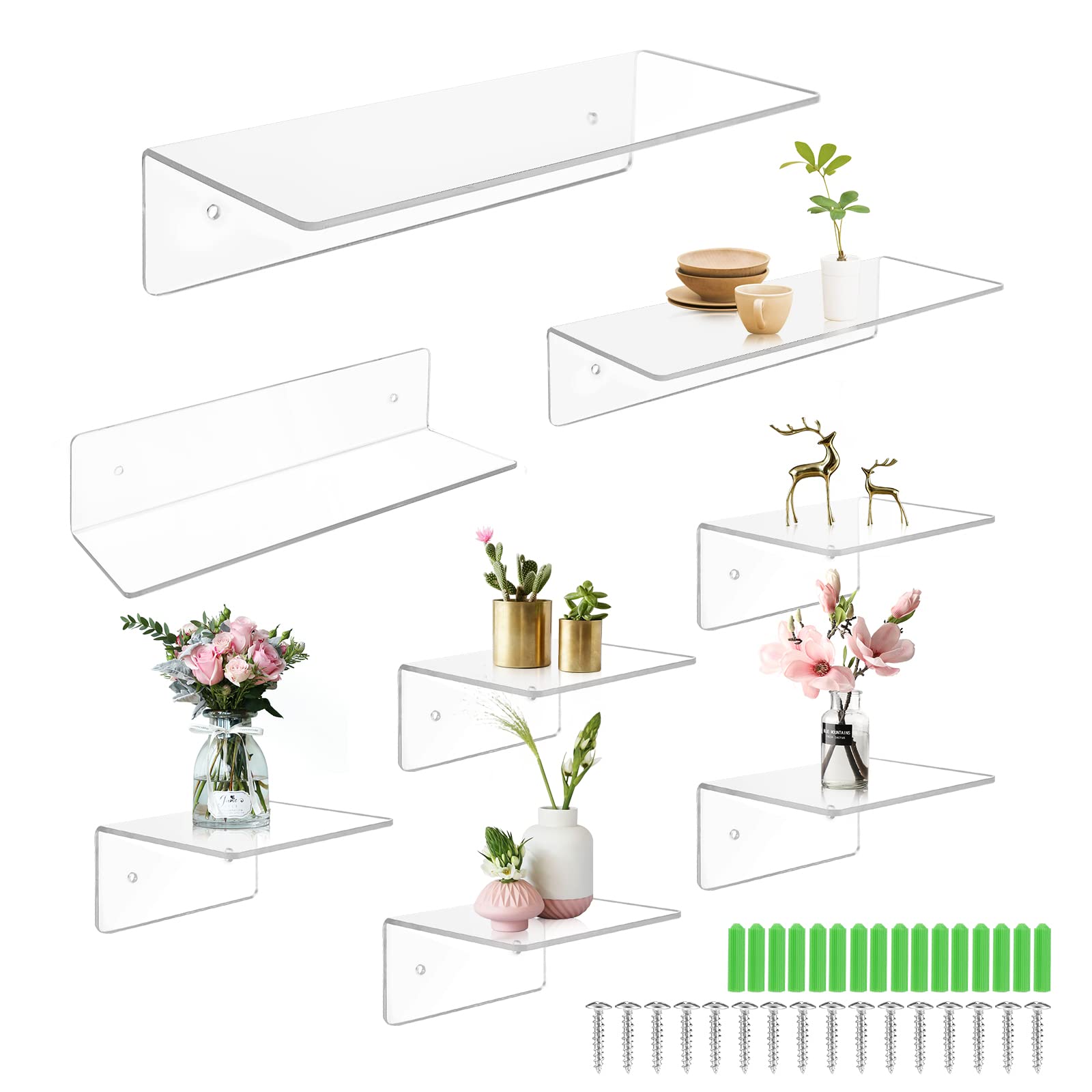 Phoetya 8 Pcs Acrylic Shelves, Acrylic Floating Bookshelves for Wall Display Clear Wall Mounted Plant Shelf with 16 Screw Utilizes Wall Space for Book Picture, Plant, Security Cameras Speaker