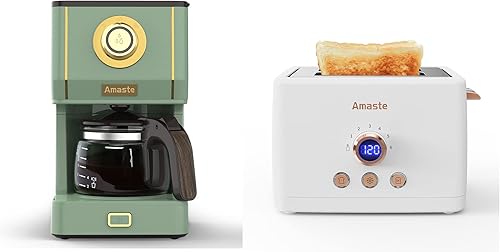 Amaste Juego de cafetera y tostadora retro, verde matcha y blanco elegante con oro rosa