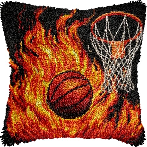 Fire Basketball and Hoop Latch Hook Pillow Kits Color Printed Cushion Crochet Yarn Needlework DIY Hook Latch Kit Pillowcase Rug Cover Home Sofa Christmas Decor 43x43cm