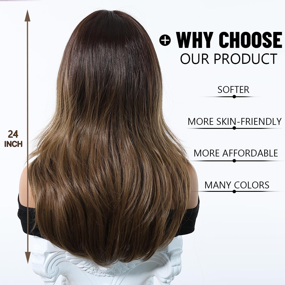 Esmee Long Straight Ombre Brown Wig for Women with Curtain Bangs Natural Synthetic Hair Wigs for Daily Party Use - Image 4