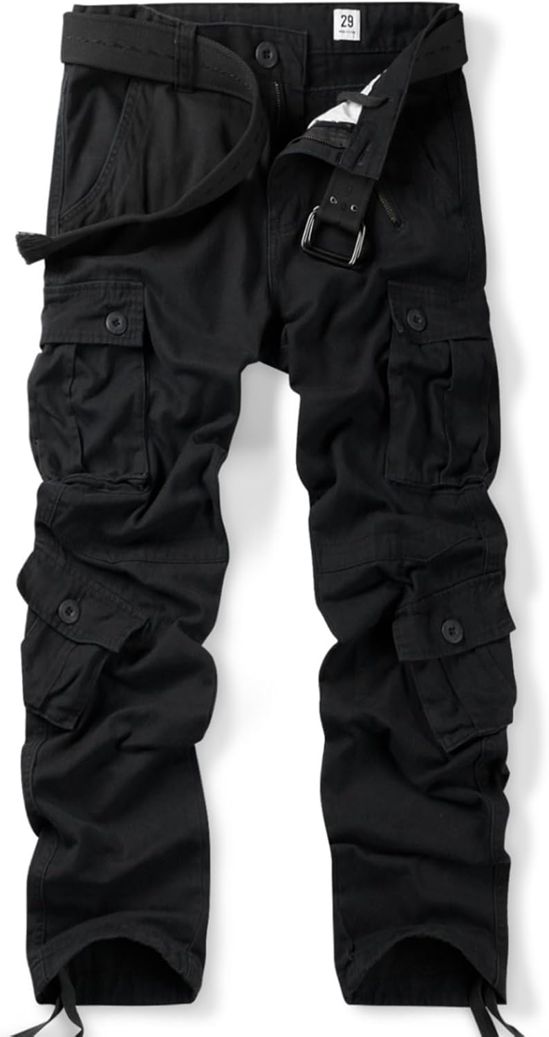 OCHENTA Men's Cotton Casual Cargo Work Pants Baggy Camo Tactical Combat Trousers with 8 Pockets (No Belt)