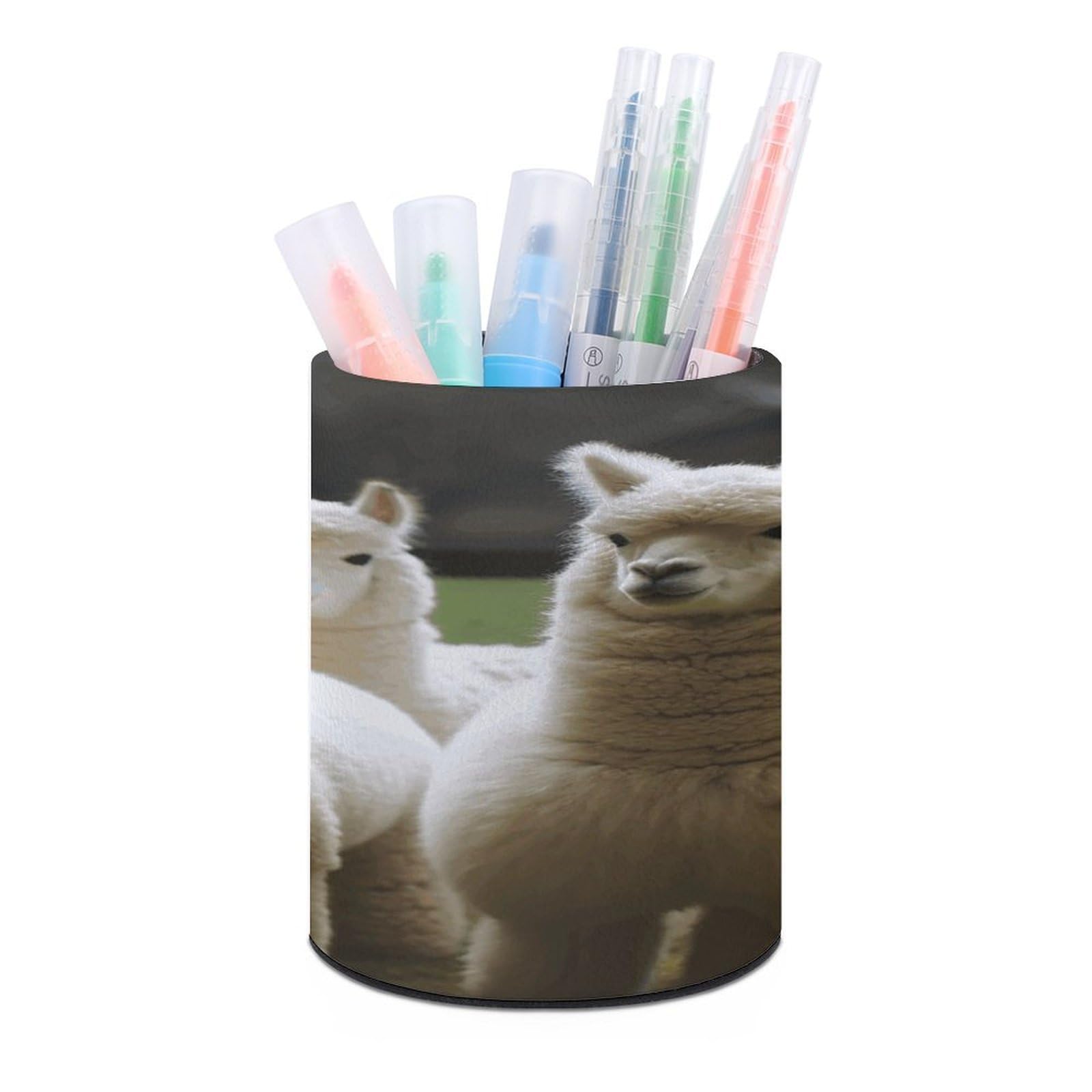 VstaDank - Alpaca Family Pen Holder Round Pencil Holder PU Leather Desk Organizer Stand for Desk Desk Office Desk Decoration and