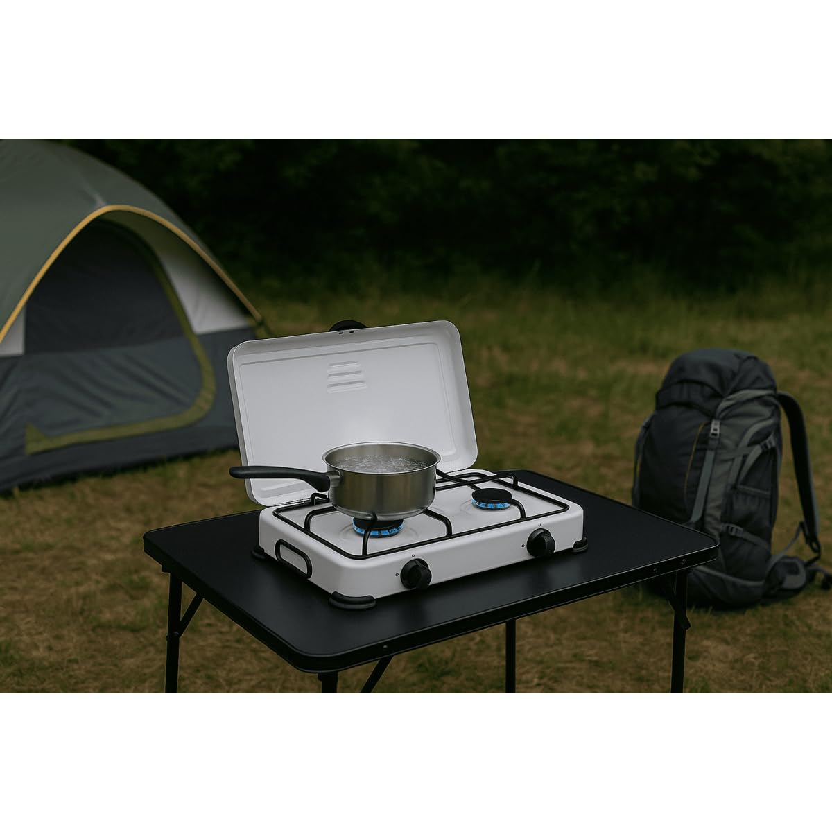 INTEC - Réchaud à Gaz 2 Feux 3200W, Brûleurs en Fonte Amovibles. Plaque de Cuisson Mobile avec Couvercle de Protection. Compatible Gaz Butane/Propane pour Camping et Jardin.