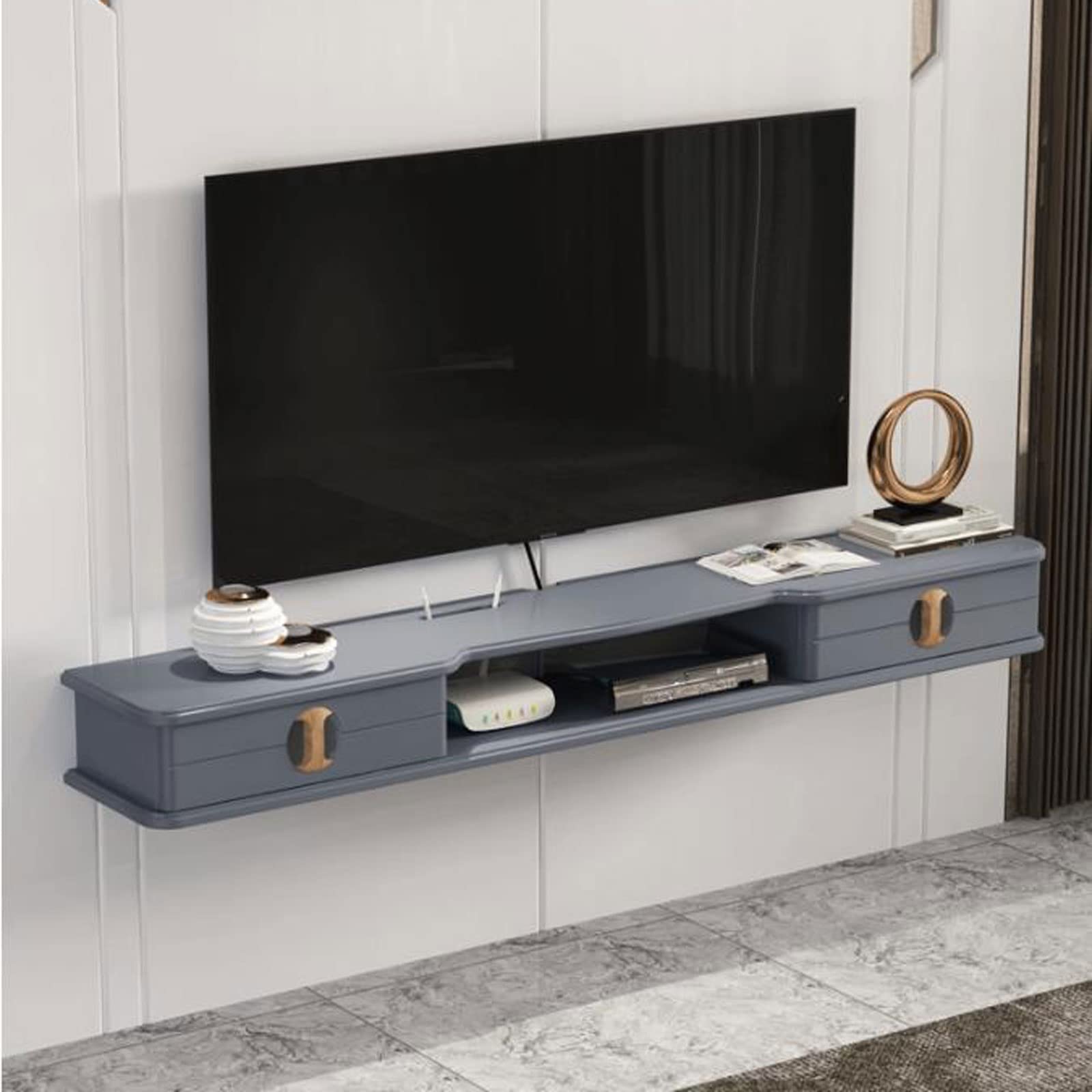Mensola sospesa da parete con router SetBox, supporto per console TV con ripiano per giocattoli e cornice per foto, lettore DVD, per CD e DVD, Sky Box, supporto per TV e Goo