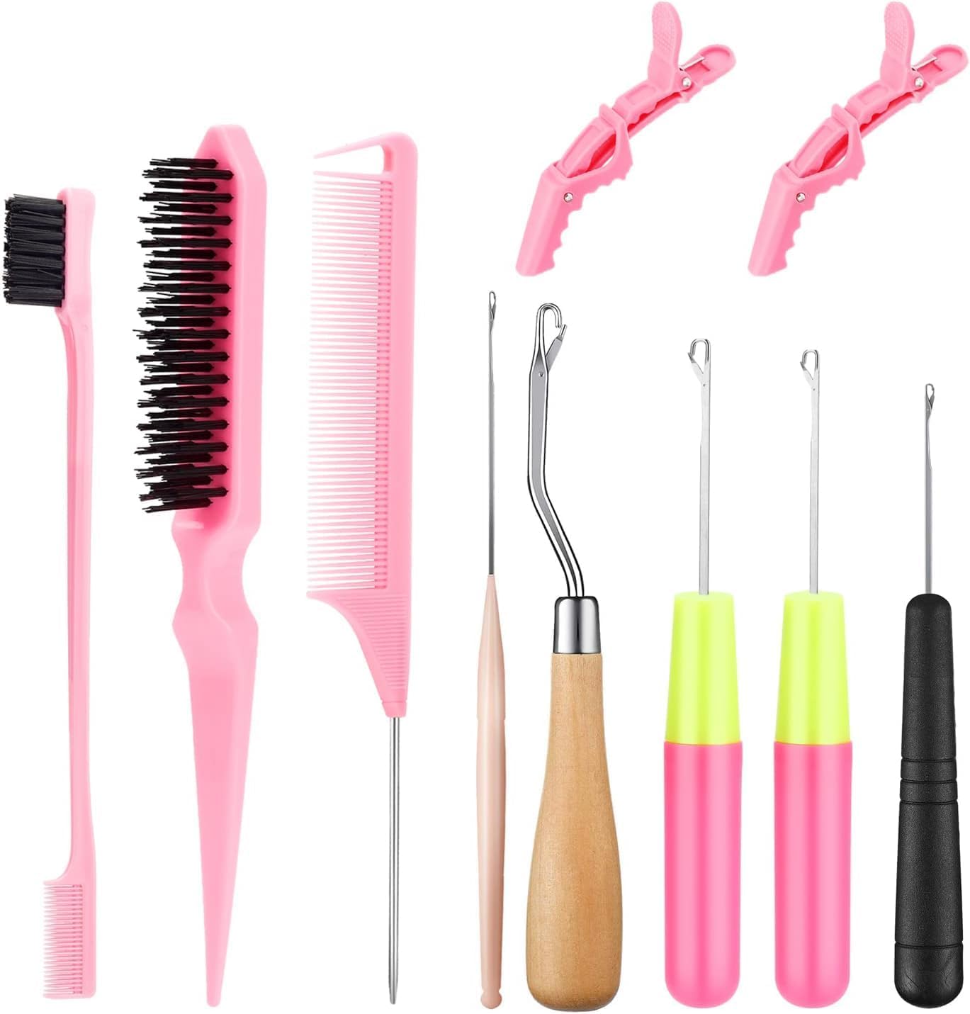 Nalexmi Crochet Hooks for Hair, 15-Piece Styling Kit for Braiding and Extensions, Passion Twist Extensions, Tail Comb, Duckbill Hair Clips, for Kids, Adults (15) (15, Pink)