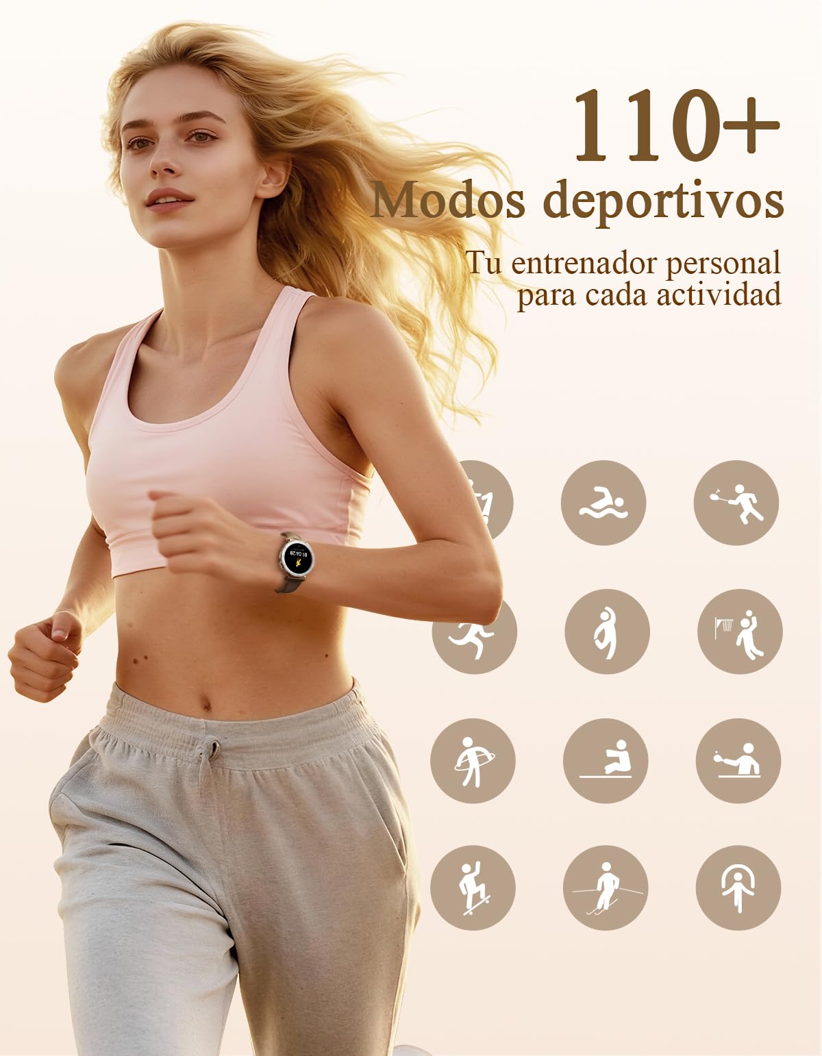 Reloj Inteligente Mujer - Elegante Pequeño, Pantalla AMOLED 1,19'' Smartwatch con Correa de Cuero, Podómetro, Pulsómetro, Sueño, IP68 Pulsera Actividad para Android iOS, Oro Rosa/Marrón
