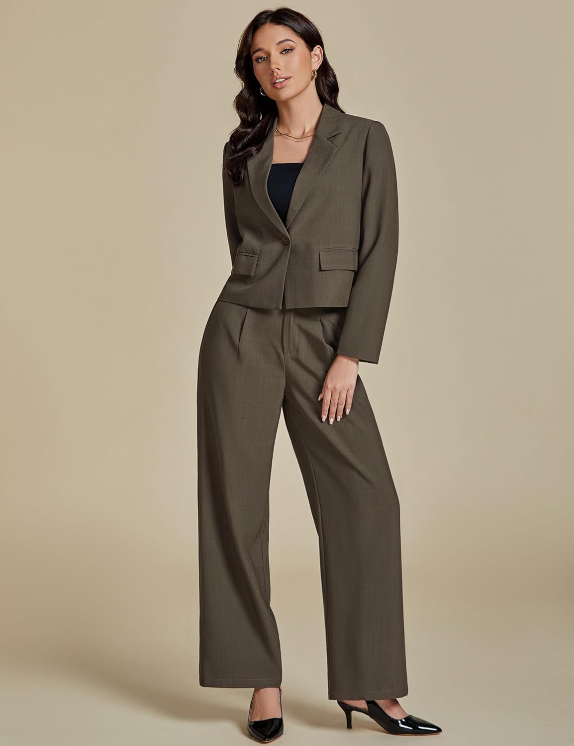 luvamia Suits for Women 2 Piece Sets Business Casual Outfits Dressy Cropped Blazer Wide Leg Pants Suit Office Work - Image 3