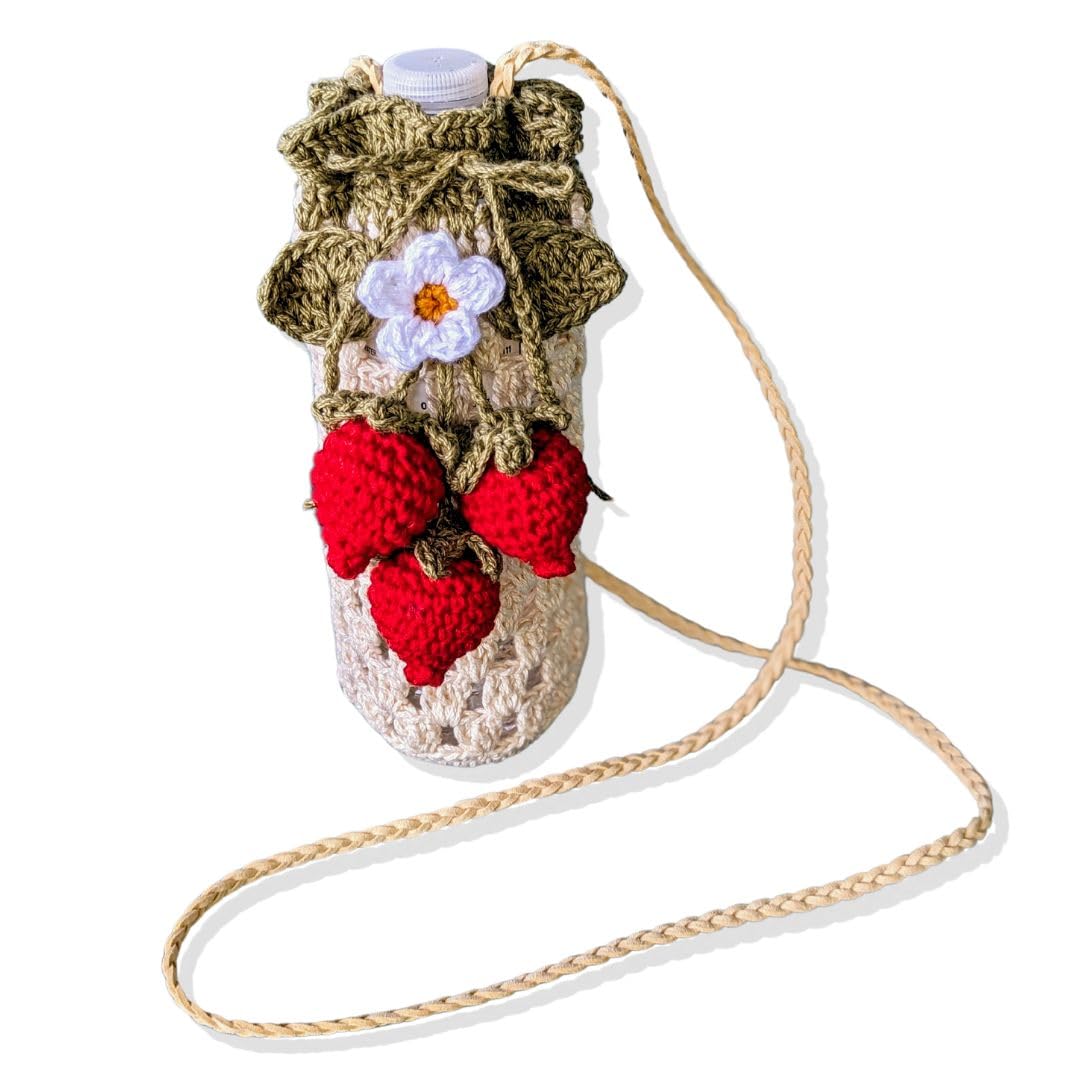 Crochet Berry Water Bottle Bag, Drawstring Closure, Fits 16-18 oz Bottles, Strawberry Cottagecore and Festival Style Accessory
